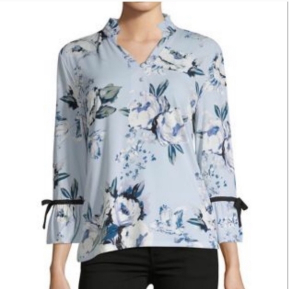 Karl Lagerfeld floral ice blue ruffle half button size small long sleeve blouse - Picture 1 of 7